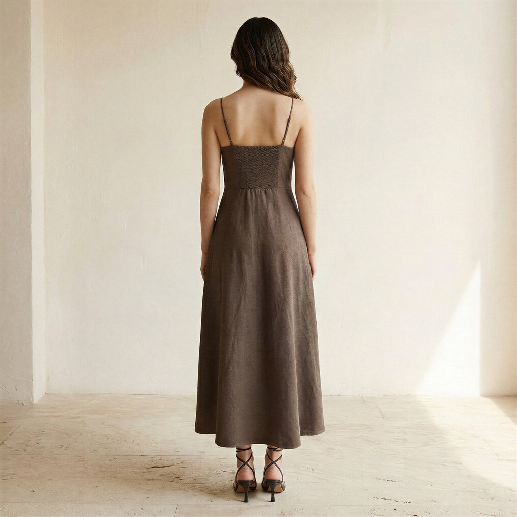 Brown Cotton Linen Ankle Length Flared Sundress