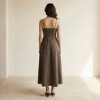 Brown Cotton Linen Ankle Length Flared Sundress