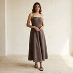 Brown Cotton Linen Ankle Length Flared Sundress