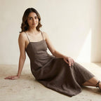 Brown Cotton Linen Ankle Length Flared Sundress
