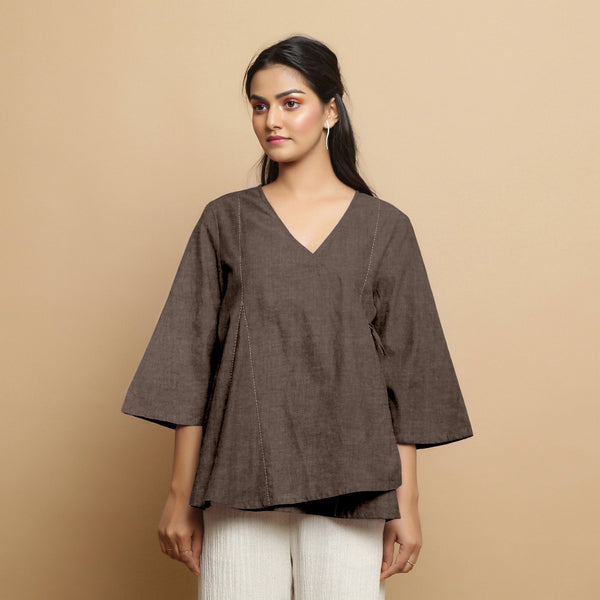 Brown Cotton Linen Asymmetrical V-Neck Godet Top