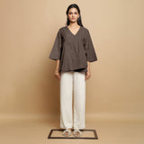 Brown Cotton Linen Asymmetrical V-Neck Godet Top