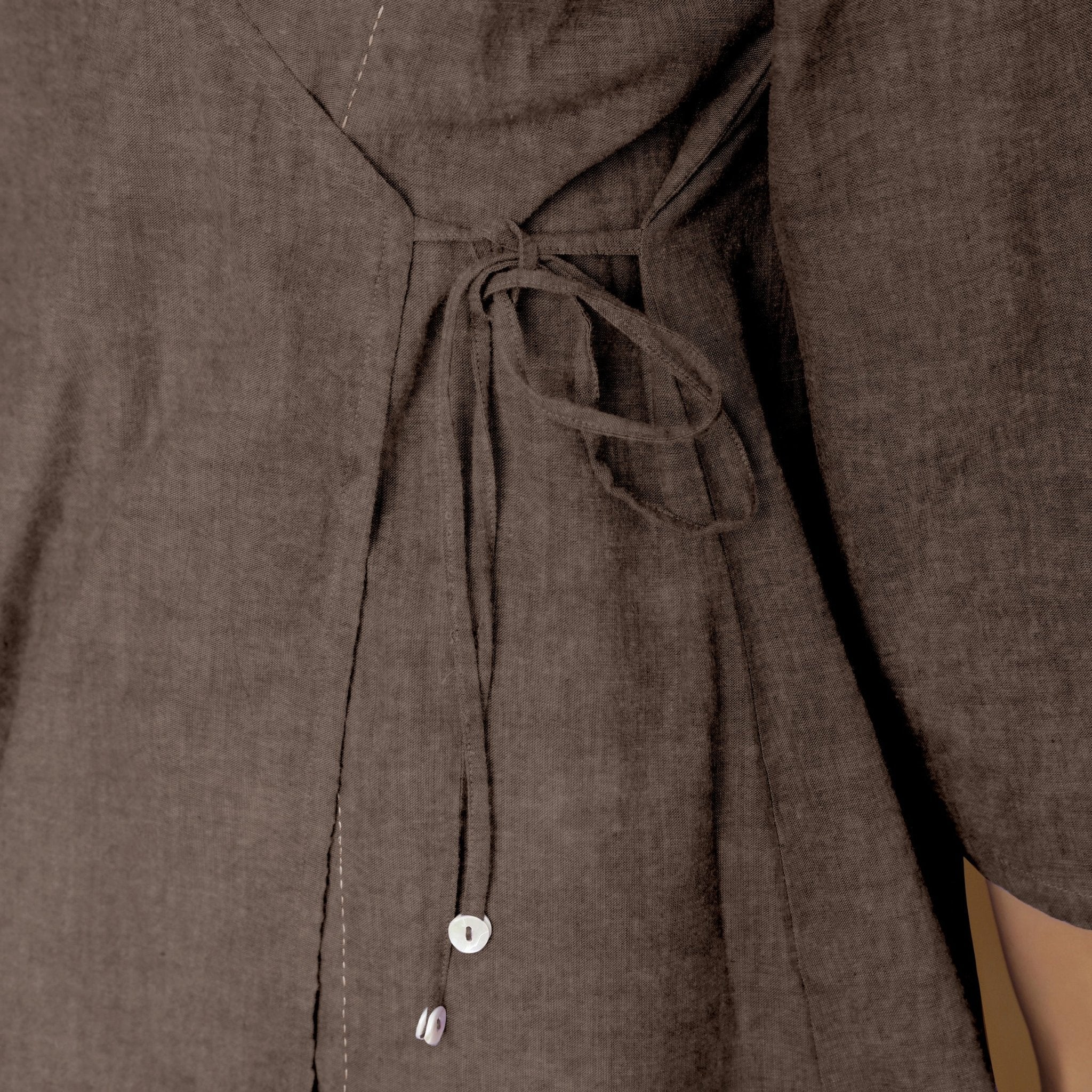 Brown Cotton Linen Asymmetrical V-Neck Godet Top