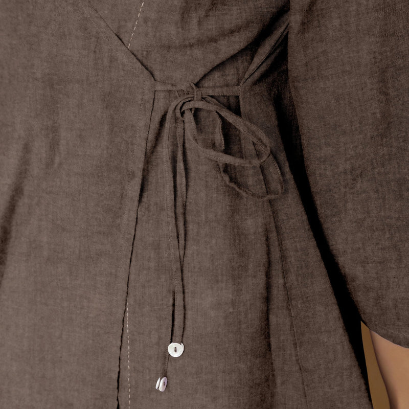 Brown Cotton Linen Asymmetrical V-Neck Godet Top