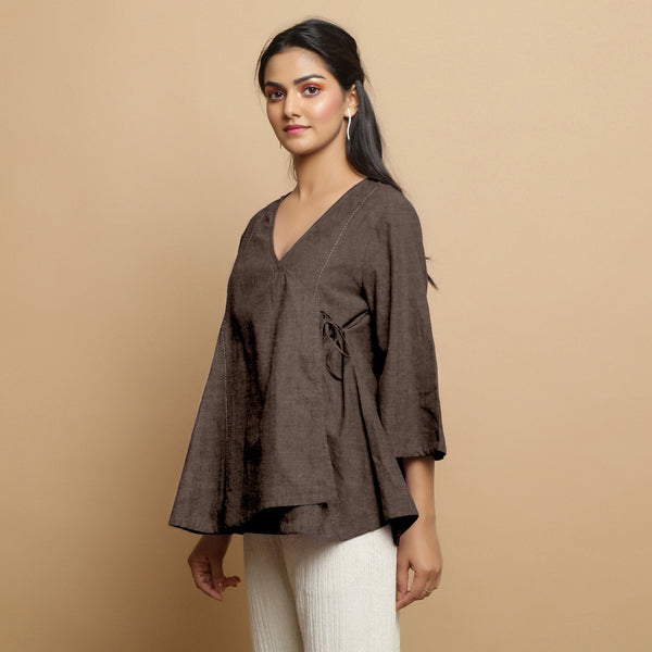 Brown Cotton Linen Asymmetrical V-Neck Godet Top