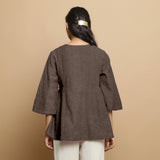 Brown Cotton Linen Asymmetrical V-Neck Godet Top