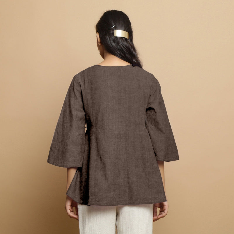 Brown Cotton Linen Asymmetrical V-Neck Godet Top
