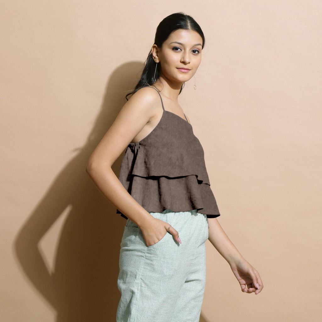 Brown Cotton Linen Camisole Crop Top