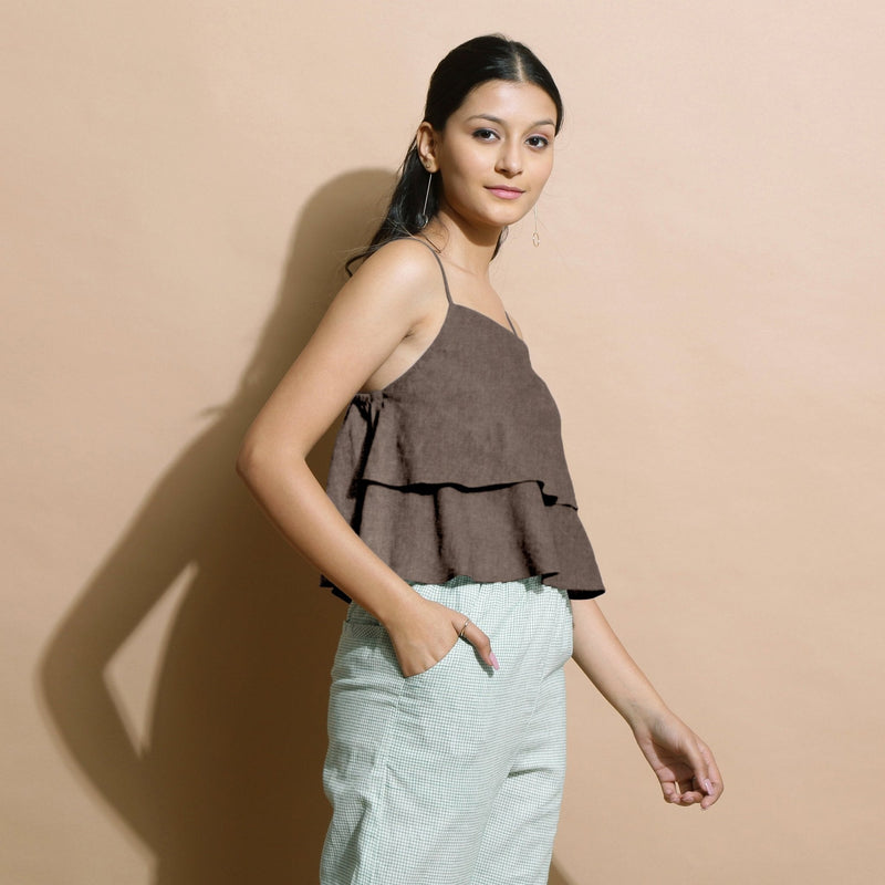 Brown Cotton Linen Camisole Crop Top