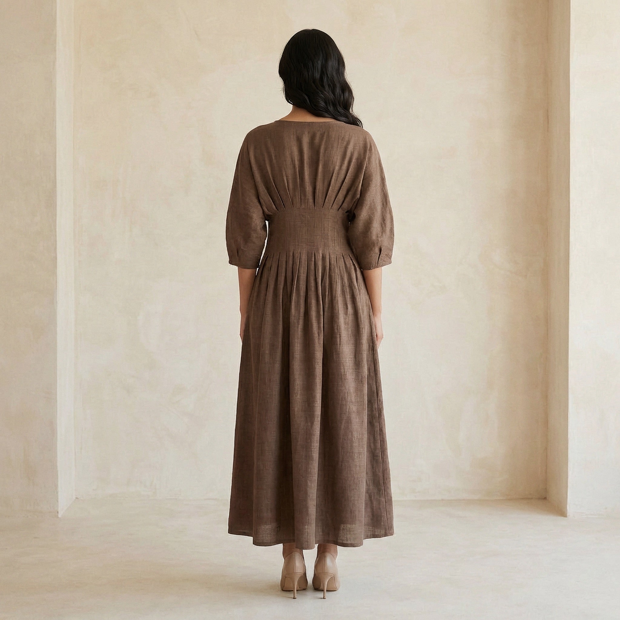 Brown Cotton-Linen Cinched Waist Flared Maxi Dress