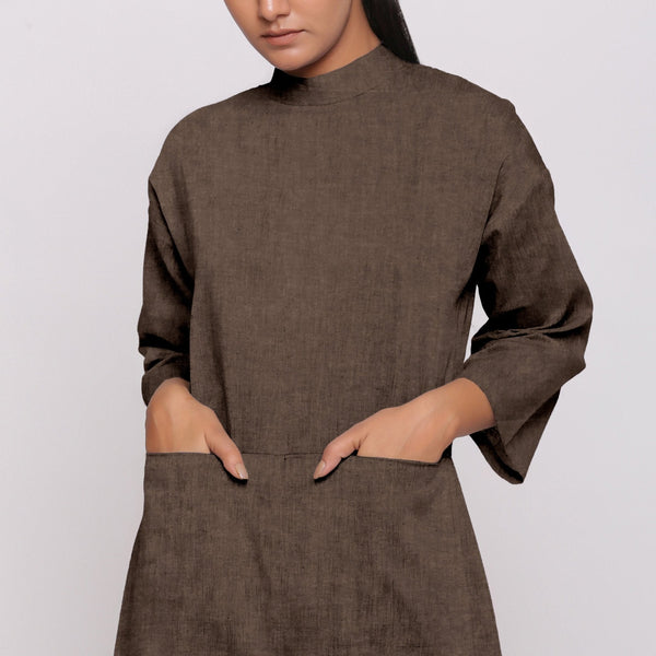 Brown Cotton Linen Comfort Fit High Neck Jumpsuit