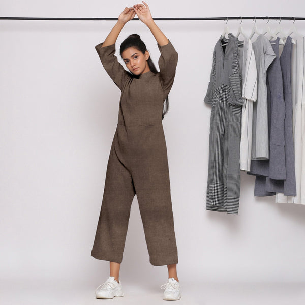 Brown Cotton Linen Comfort Fit High Neck Jumpsuit