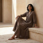 Brown Cotton Linen Deep-V Maxi Tier Dress