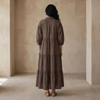 Brown Cotton Linen Deep-V Maxi Tier Dress