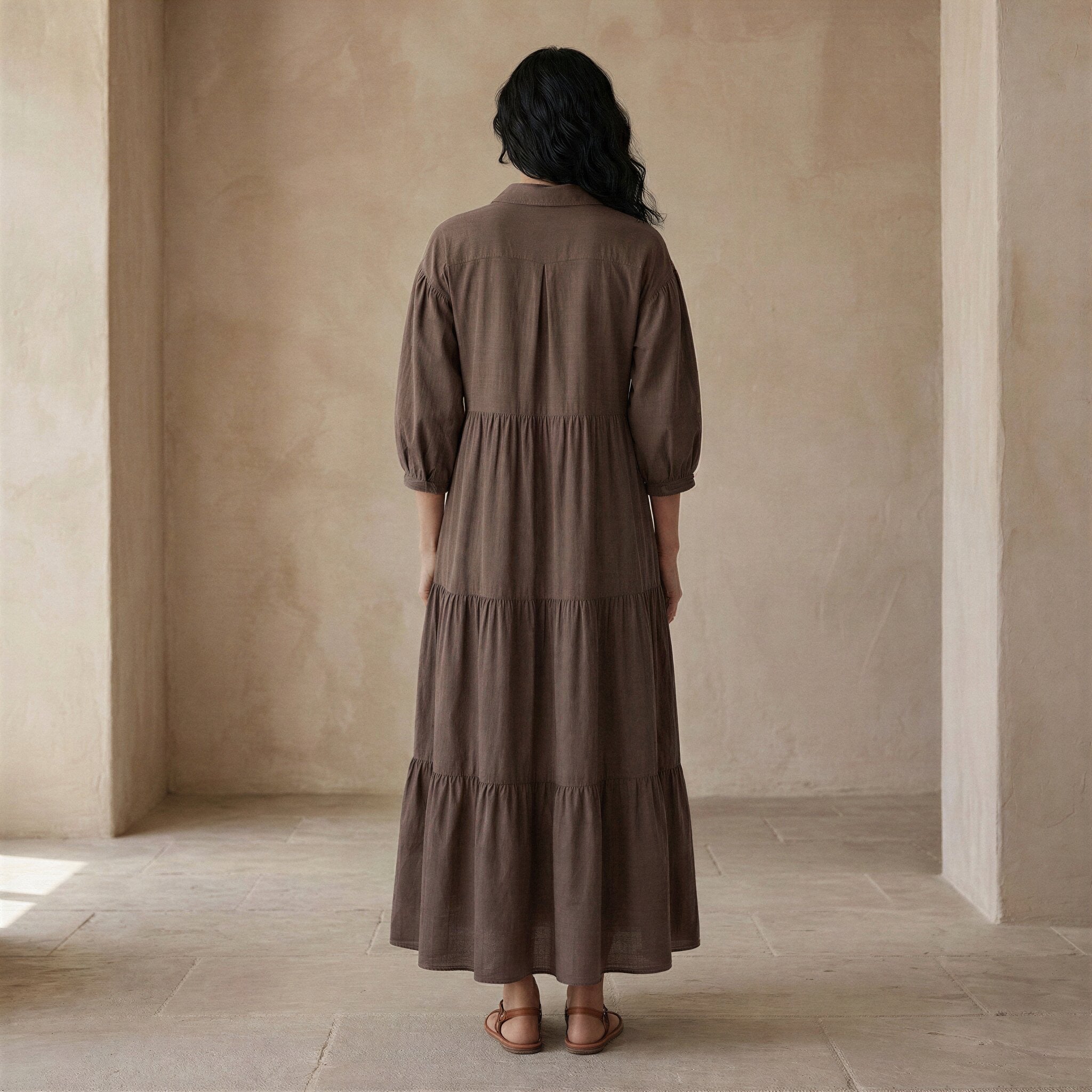 Brown Cotton Linen Deep-V Maxi Tier Dress