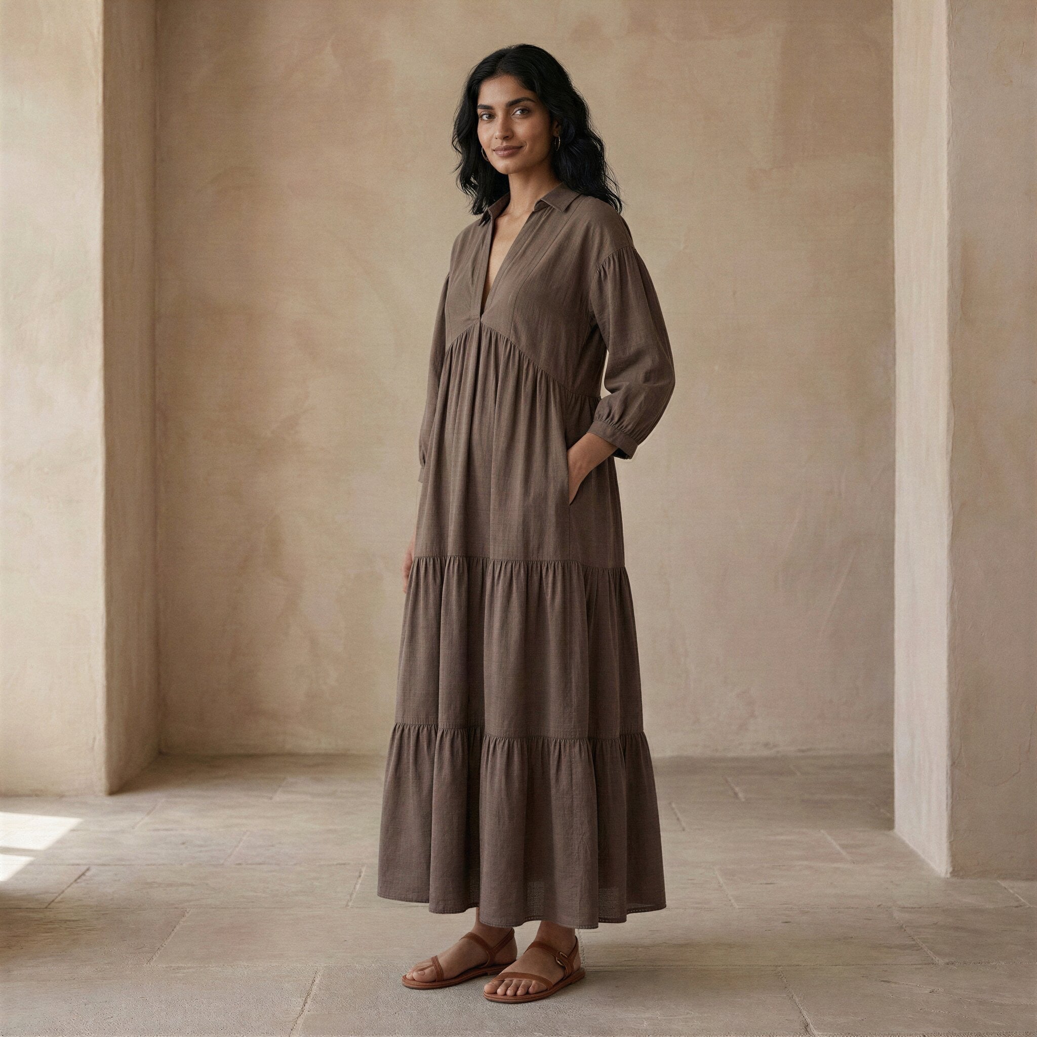 Brown Cotton Linen Deep-V Maxi Tier Dress