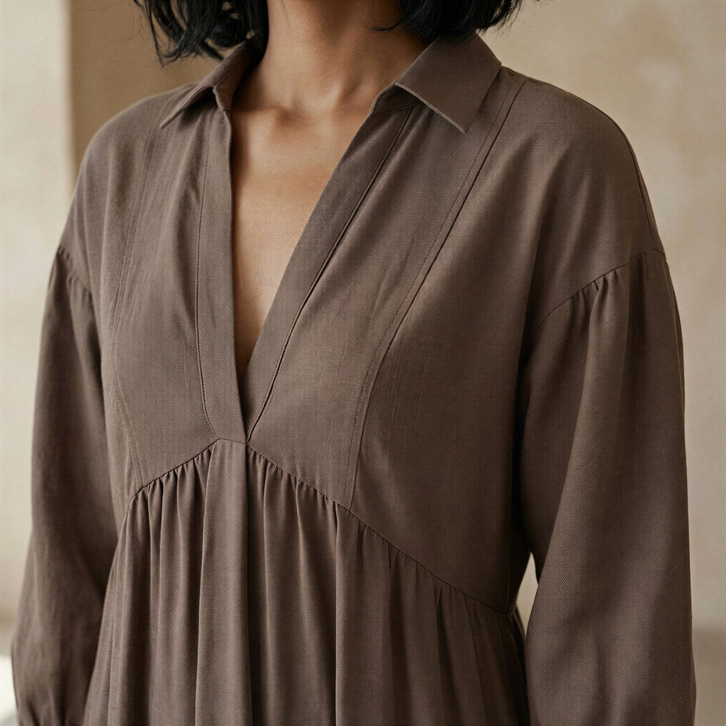 Brown Cotton Linen Deep-V Maxi Tier Dress