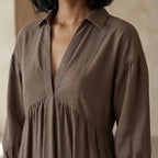 Brown Cotton Linen Deep-V Maxi Tier Dress