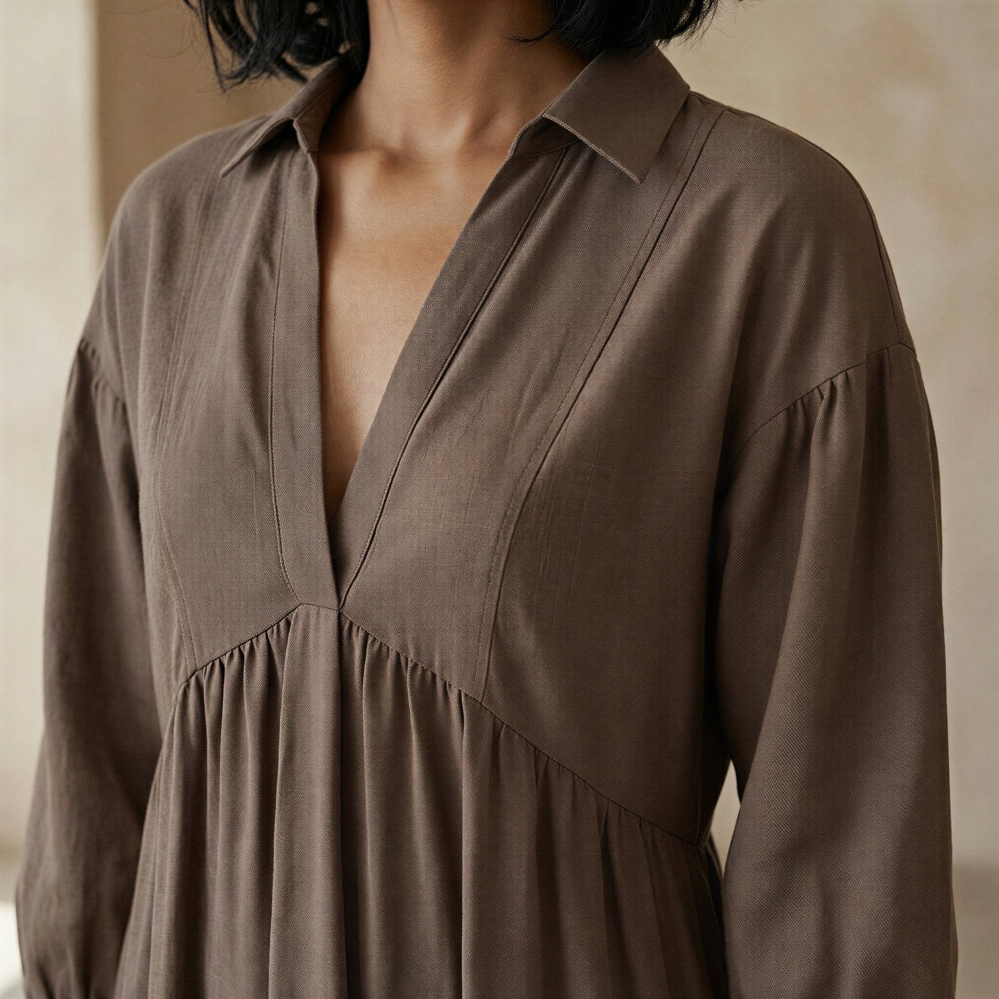 Brown Cotton Linen Deep-V Maxi Tier Dress