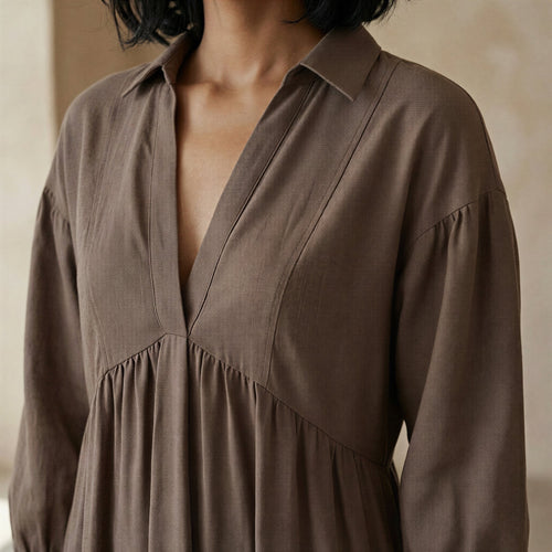 Brown Cotton Linen Deep-V Maxi Tier Dress