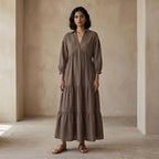Brown Cotton Linen Deep-V Maxi Tier Dress