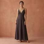 Brown Cotton Linen Deep V-Neck Cami Maxi Dress
