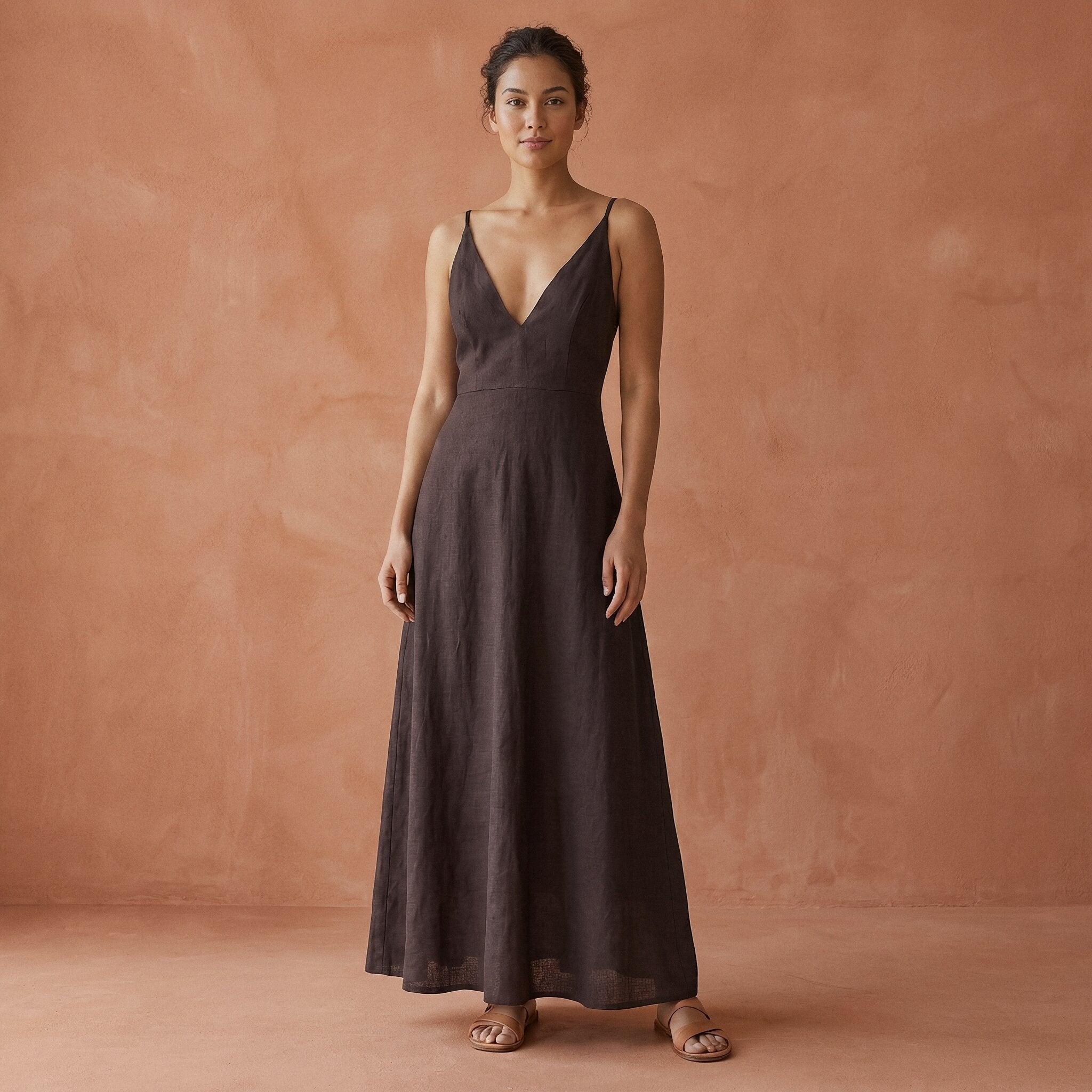 Brown Cotton Linen Deep V-Neck Cami Maxi Dress