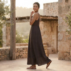 Brown Cotton Linen Deep V-Neck Cami Maxi Dress