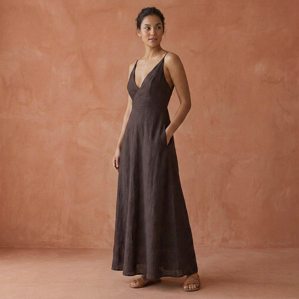 Brown Cotton Linen Deep V-Neck Cami Maxi Dress