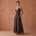 Brown Cotton Linen Deep V-Neck Cami Maxi Dress