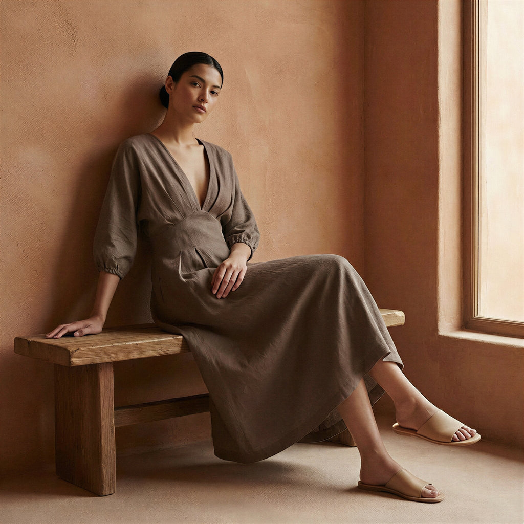 Brown Cotton-Linen Deep-V Neck Empire Waist Maxi Dress