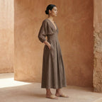Brown Cotton-Linen Deep-V Neck Empire Waist Maxi Dress