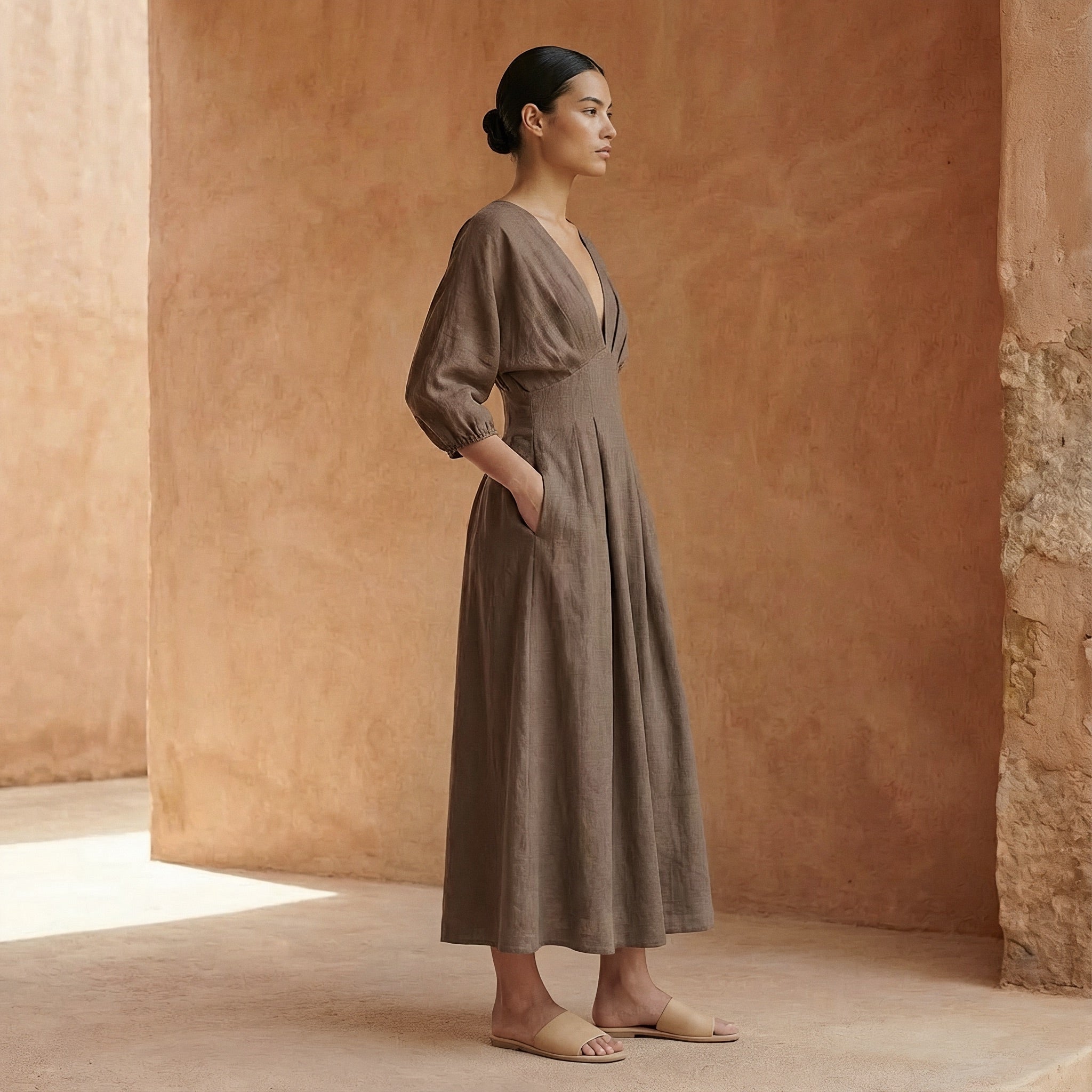 Brown Cotton-Linen Deep-V Neck Empire Waist Maxi Dress