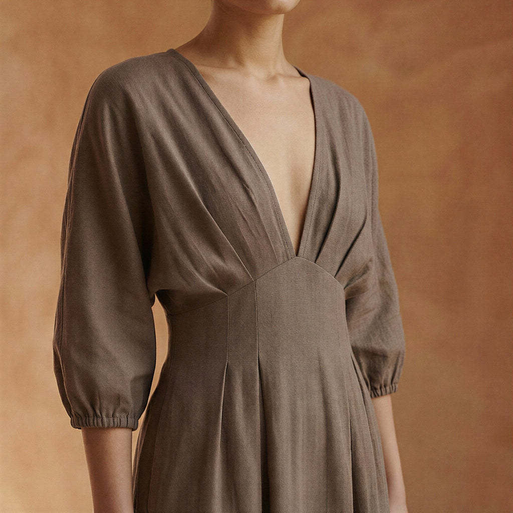 Brown Cotton-Linen Deep-V Neck Empire Waist Maxi Dress