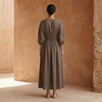 Brown Cotton-Linen Deep-V Neck Empire Waist Maxi Dress