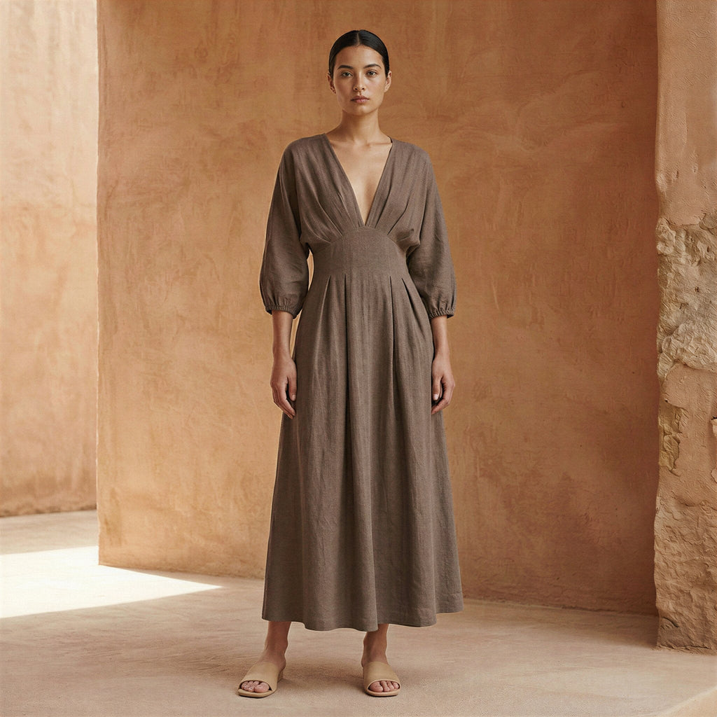 Brown Cotton-Linen Deep-V Neck Empire Waist Maxi Dress