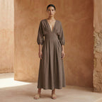 Brown Cotton-Linen Deep-V Neck Empire Waist Maxi Dress