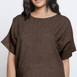 Brown Cotton Linen Drop Shoulder Sleeves Yoked Top