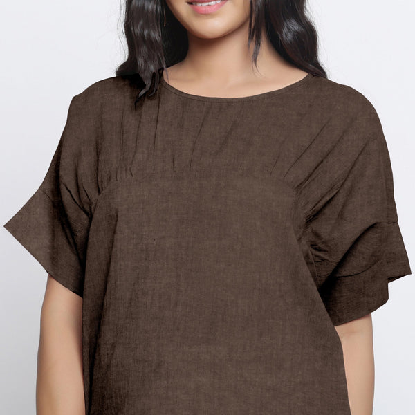 Brown Cotton Linen Drop Shoulder Sleeves Yoked Top