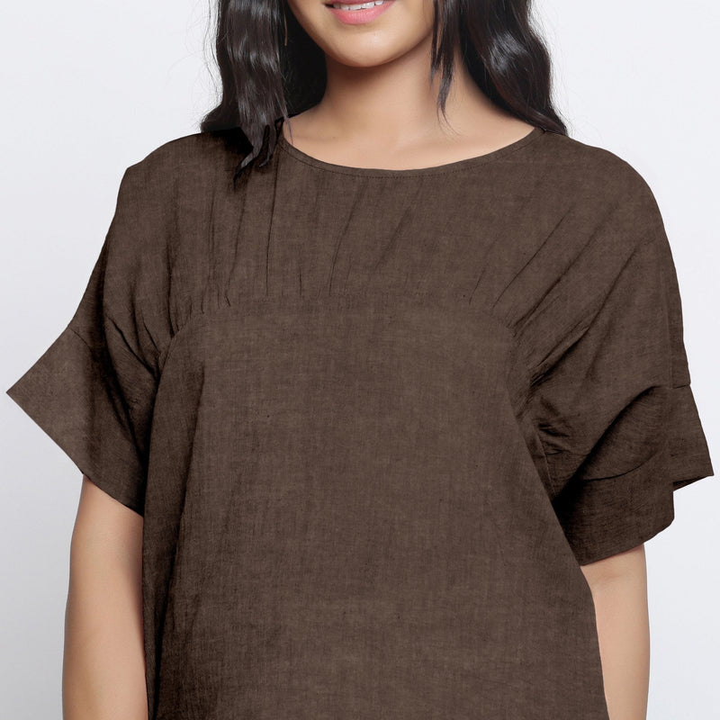 Brown Cotton Linen Drop Shoulder Sleeves Yoked Top