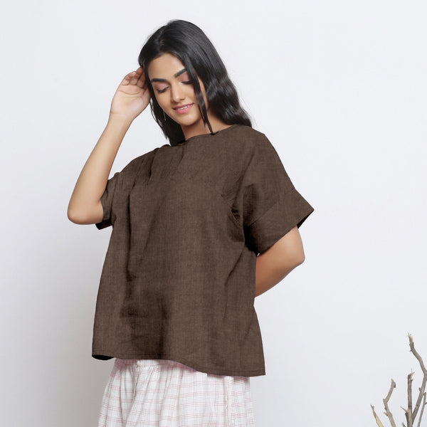 Brown Cotton Linen Drop Shoulder Sleeves Yoked Top