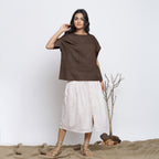 Brown Cotton Linen Drop Shoulder Sleeves Yoked Top