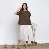 Brown Cotton Linen Drop Shoulder Sleeves Yoked Top