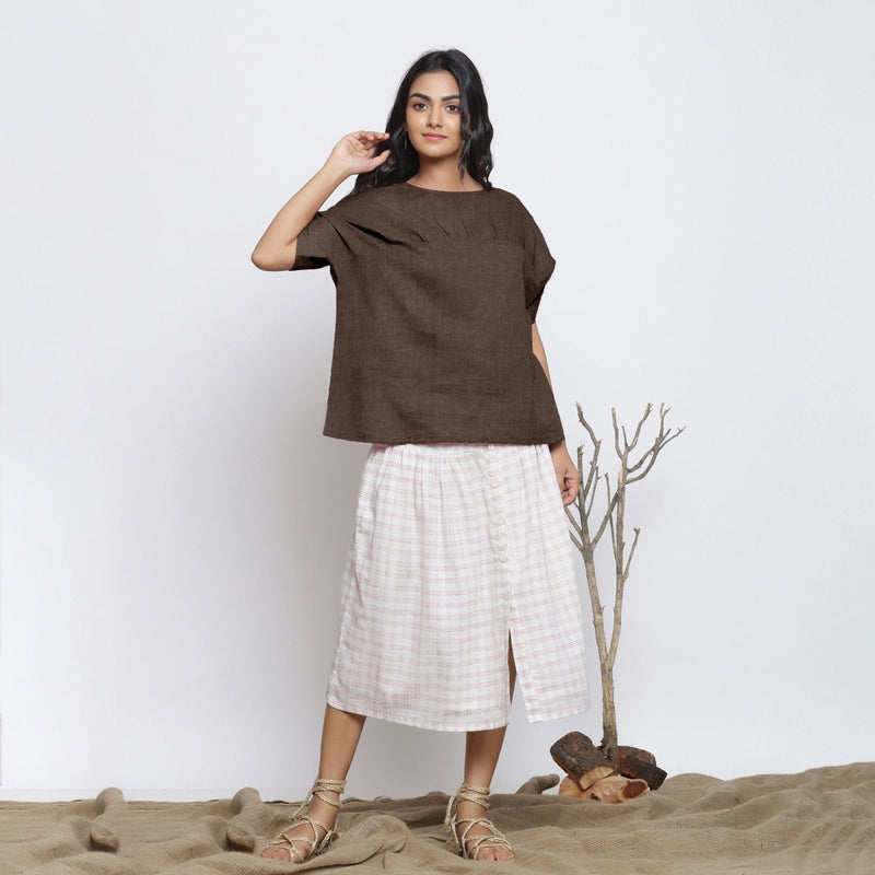 Brown Cotton Linen Drop Shoulder Sleeves Yoked Top