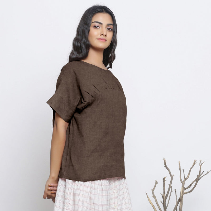 Brown Cotton Linen Drop Shoulder Sleeves Yoked Top