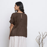 Brown Cotton Linen Drop Shoulder Sleeves Yoked Top