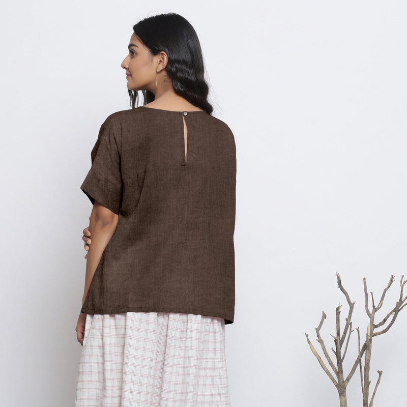 Brown Cotton Linen Drop Shoulder Sleeves Yoked Top