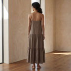 Brown Cotton Linen Drop-Waist Camisole Maxi Tier Dress