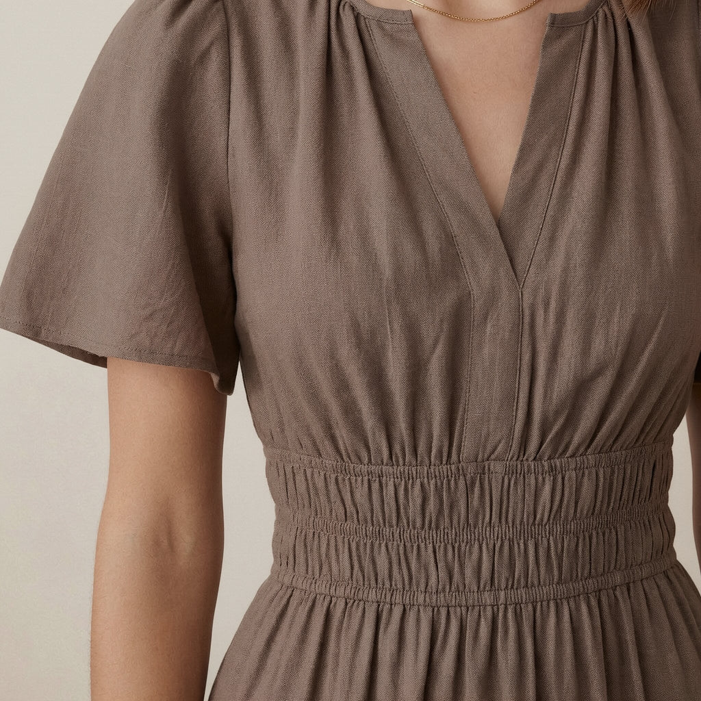 Brown Cotton Linen Elasticated Short Tier Dress