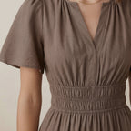Brown Cotton Linen Elasticated Short Tier Dress
